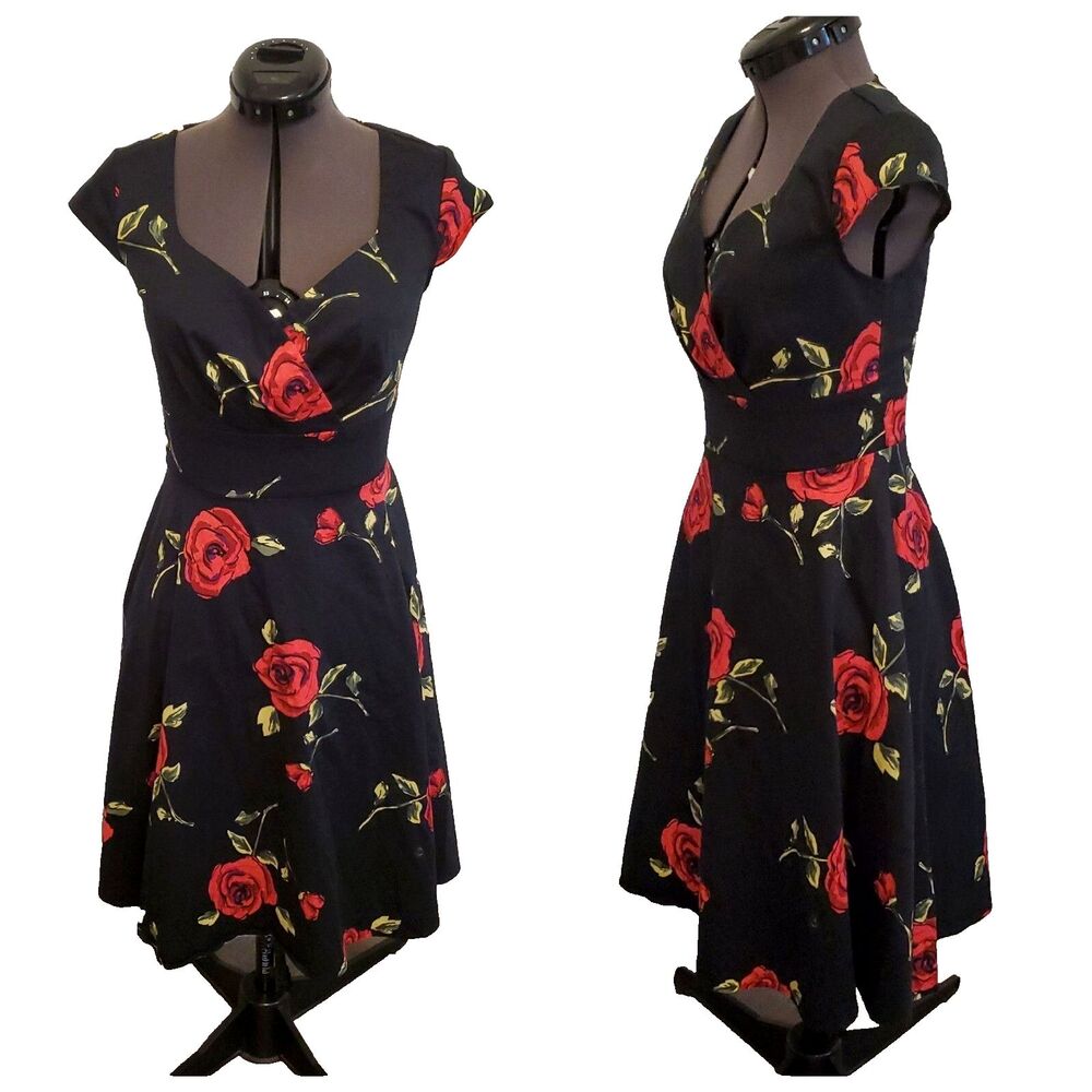 Bbonline Women's Dress Small Red Black Floral Rose 1950's Pin-Up Midi Cotton